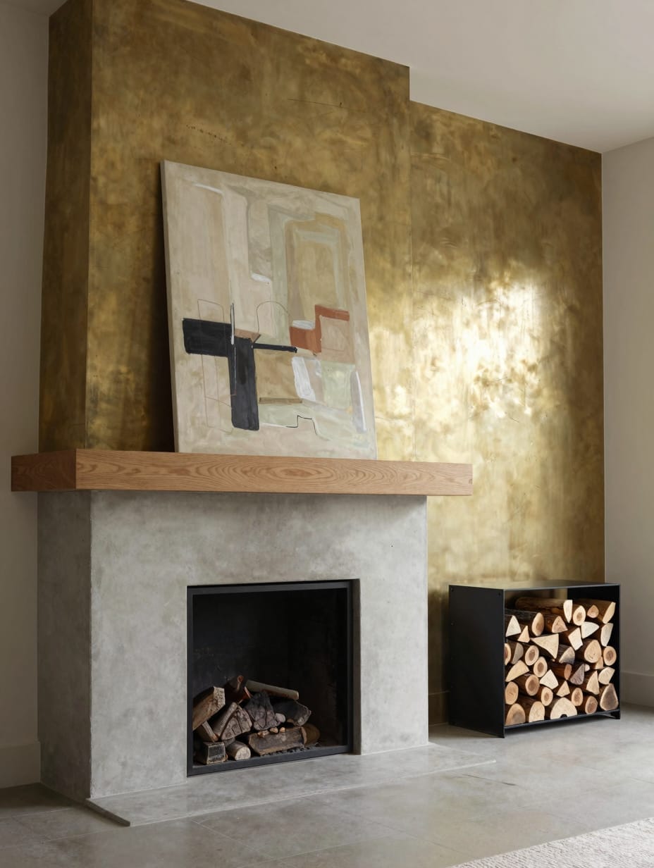 A minimalist white fireplace with a simple wooden mantel and one ceramic vase.