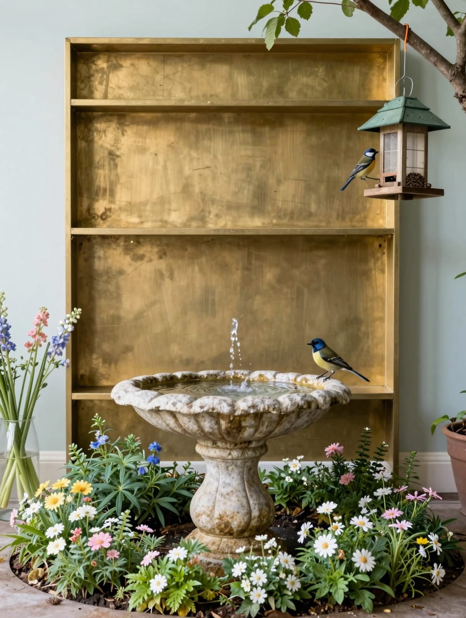An ornate bird bath and feeder integrated into a garden landscape, surrounded by blooming flowers.