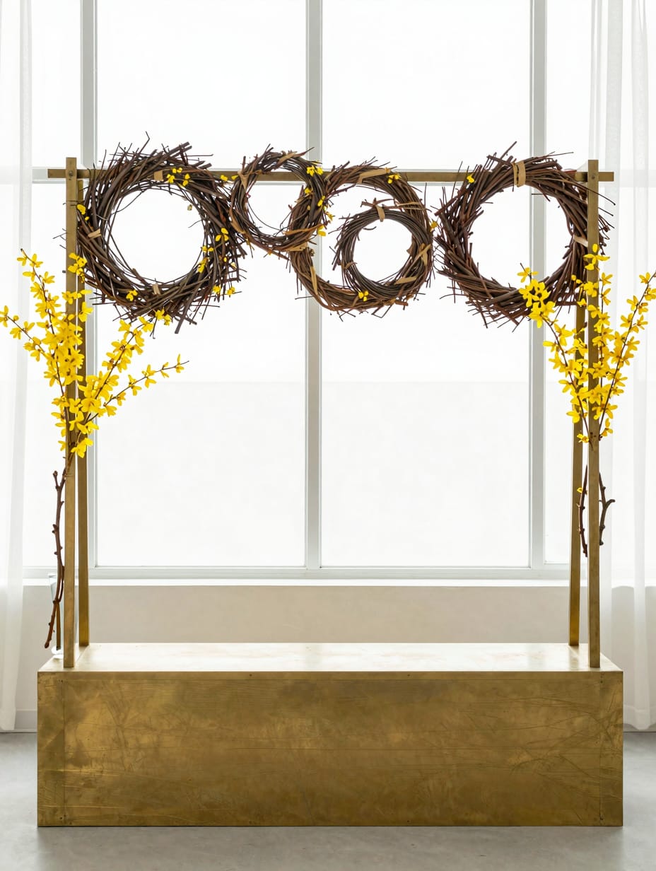 Three large grapevine wreaths hanging at different heights from a wooden beam.