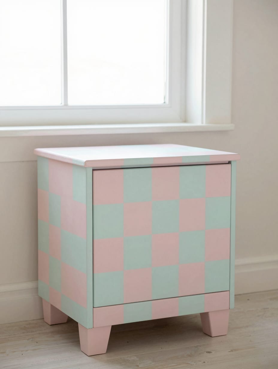 A small bedside table painted with a soft pastel checkerboard pattern on its top and drawer fronts.