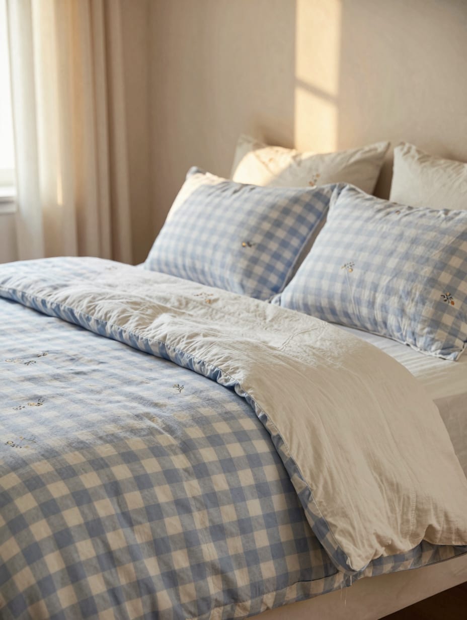 Bedroom with soft light blue gingham bedding and matching quilted shams.