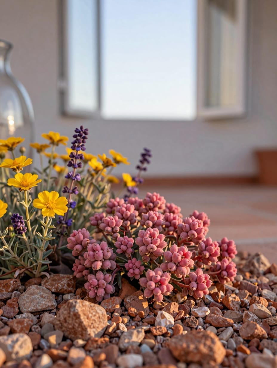 Xeriscape garden with desert spoon plants and red yucca in a tan gravel bed.