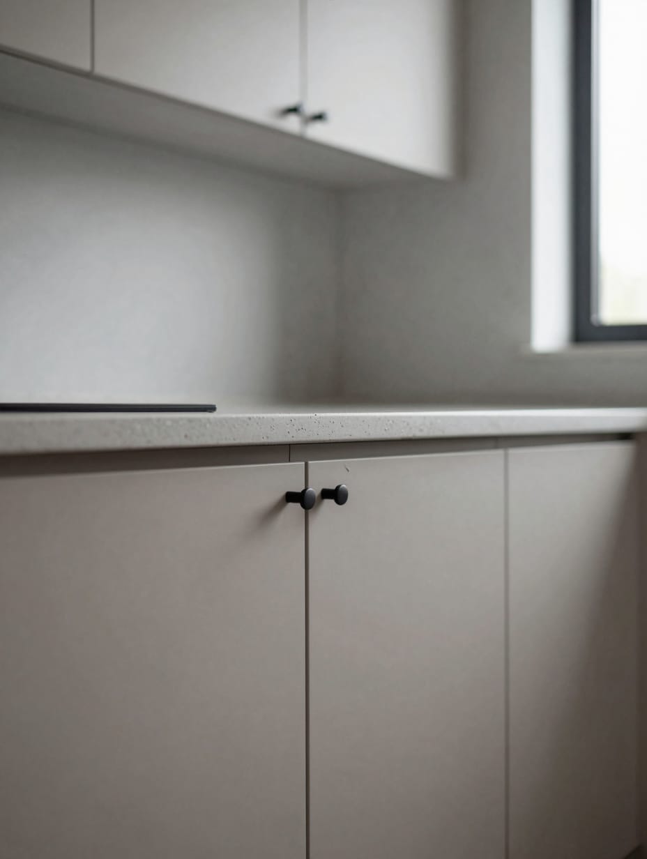 Contemporary kitchen with subtle greige colored cabinets and gold hardware