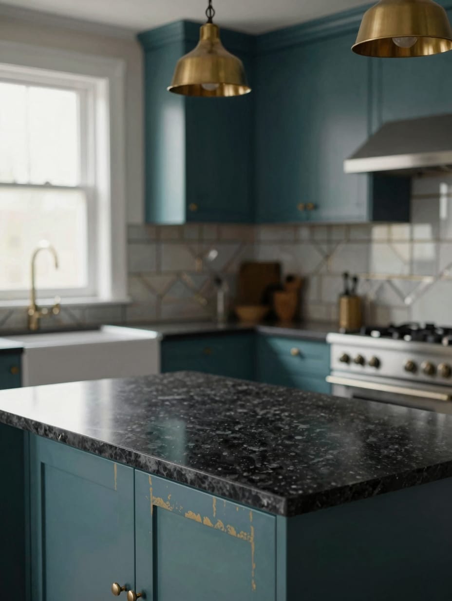 An opulent kitchen with deep teal cabinets and gold leaf accents, featuring a geometric pendant light.