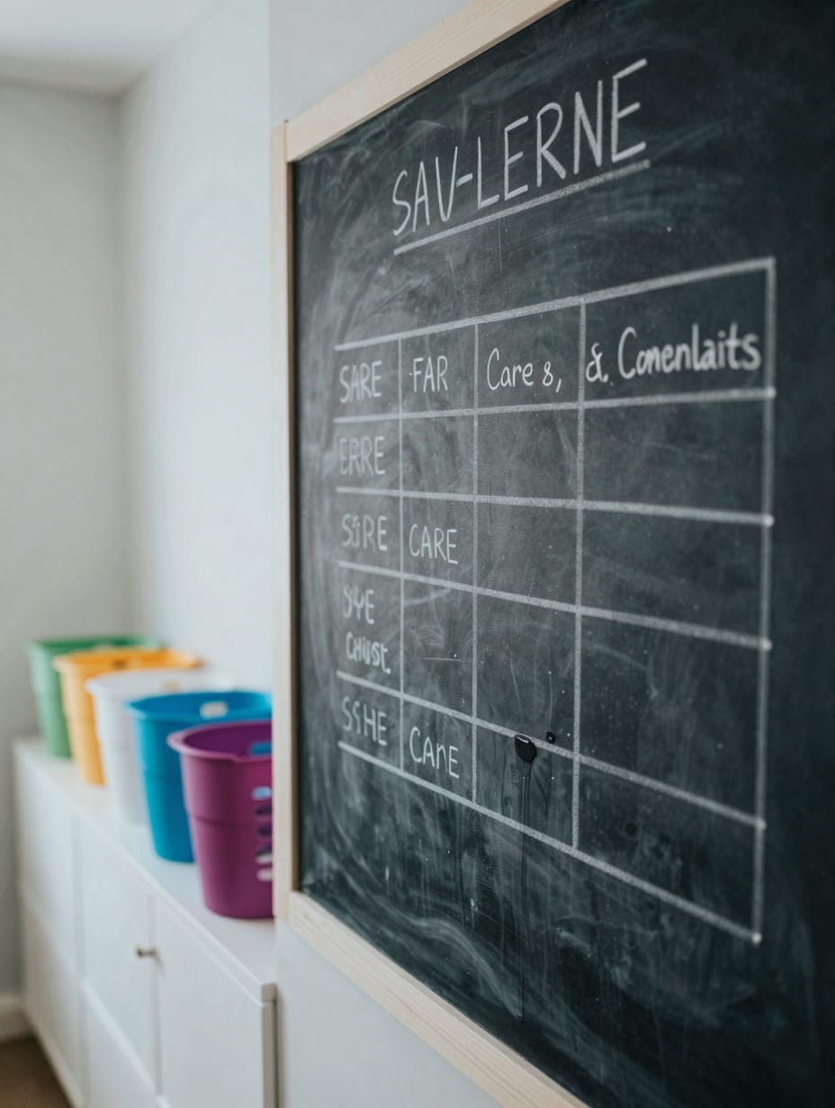 Large chalkboard wall in a laundry room with handwritten care notes.