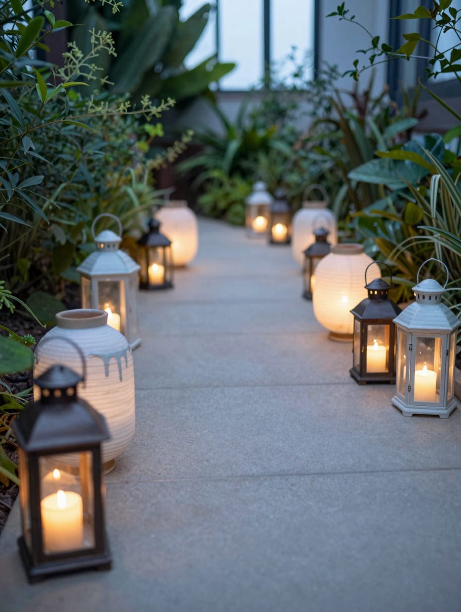 A garden pathway lined with glowing lanterns, creating an illuminated and charming evening ambiance.