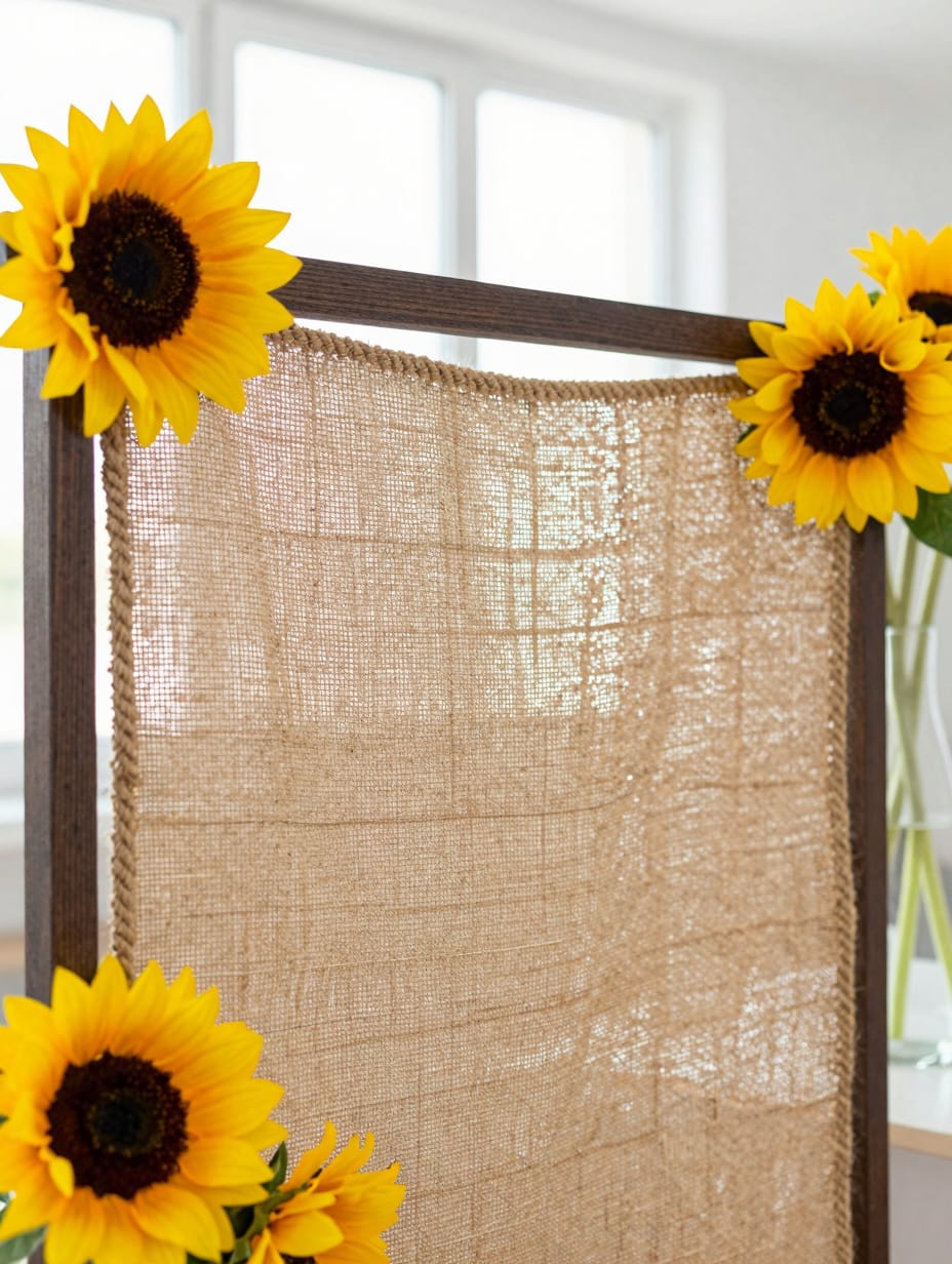 Wooden arch decorated with brown burlap fabric and large yellow sunflowers.