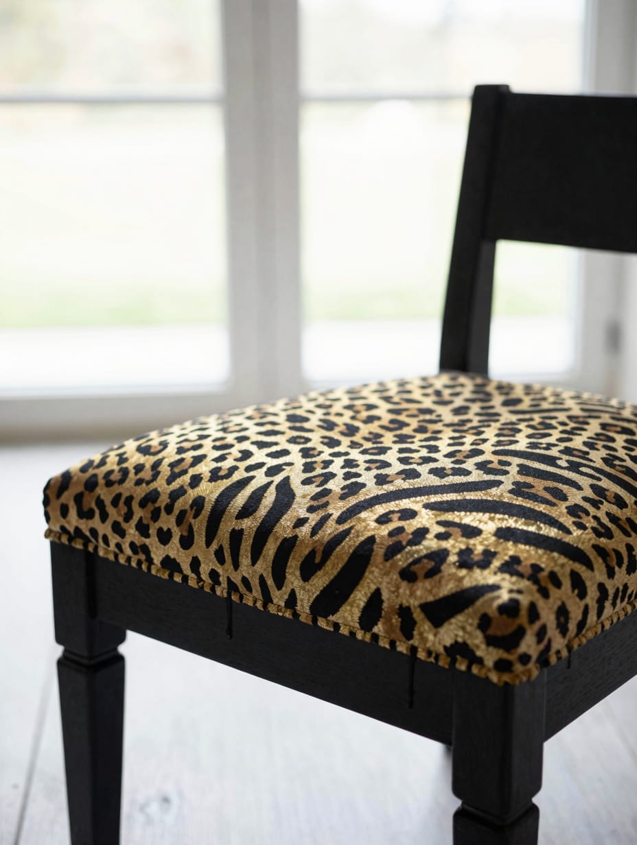 A wooden chair with its seat and backrest painted in a chic leopard animal print pattern.