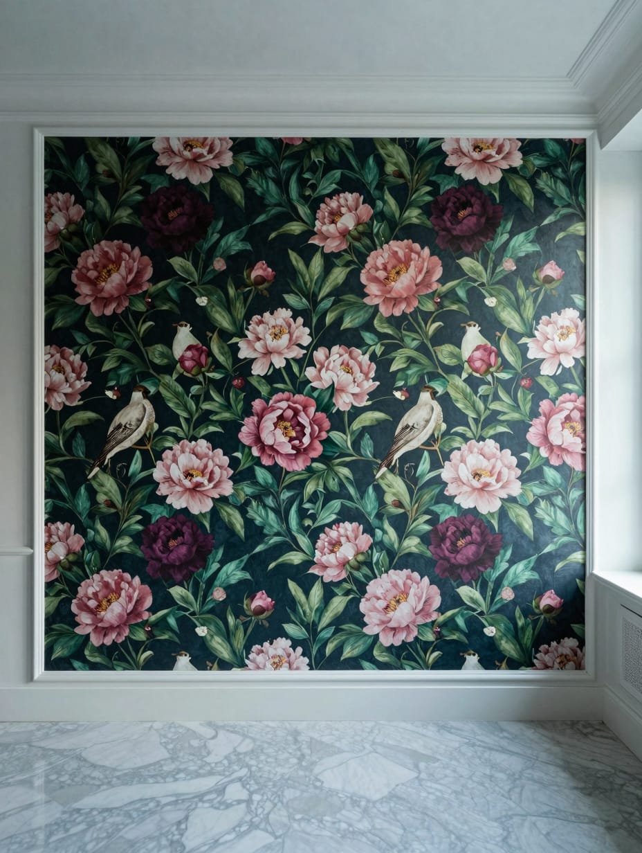 A framed panel of floral Victorian-style wallpaper as an accent on a bathroom wall.