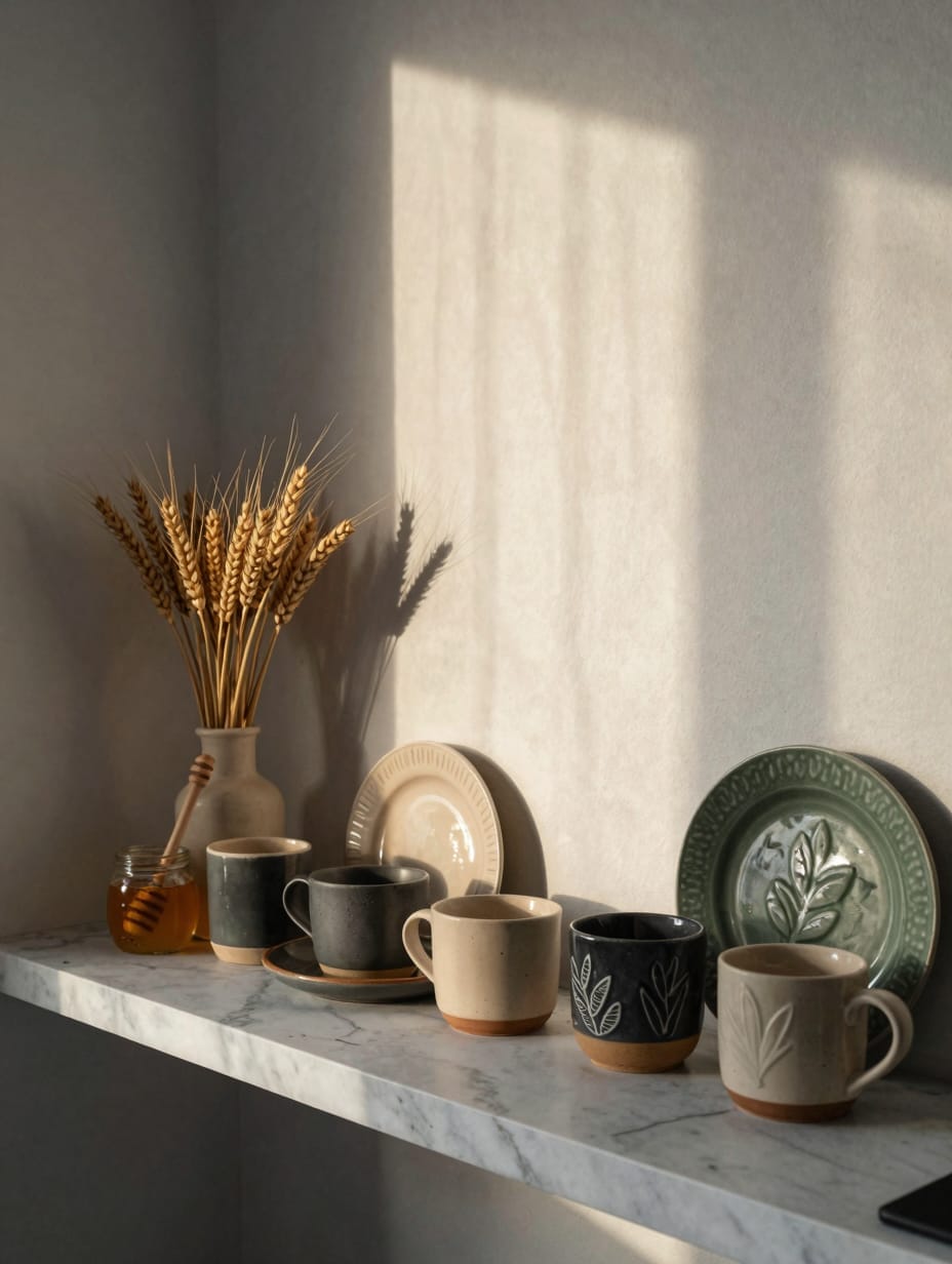 Kitchen shelf displaying a fairytale-inspired stoneware collection with forest animal motifs.