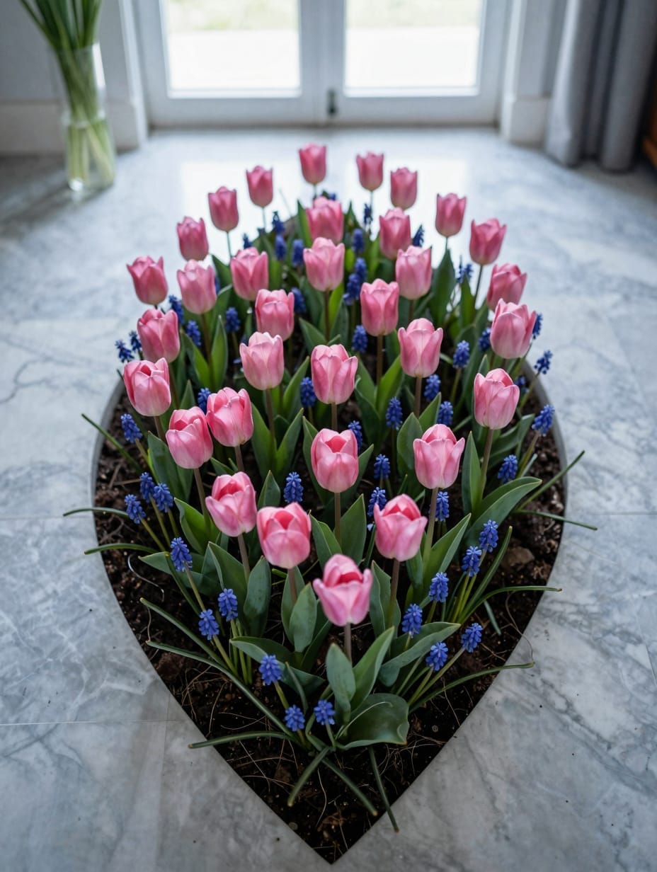 A dense bed of pink tulips and blue grape hyacinths blooming in a front yard in spring.