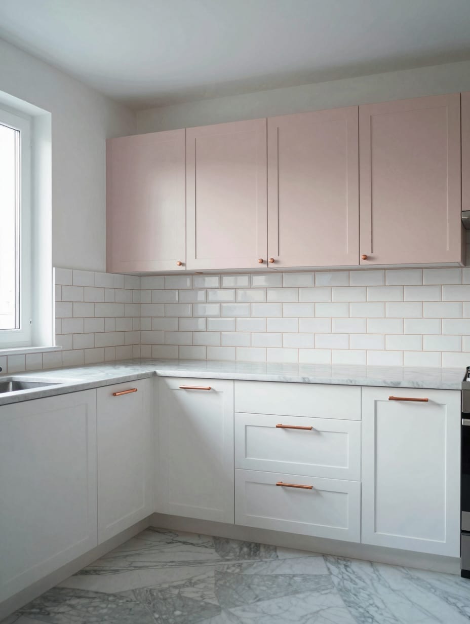 A modern kitchen with soft blush pink walls and gleaming copper pots, featuring a stylish copper range hood.