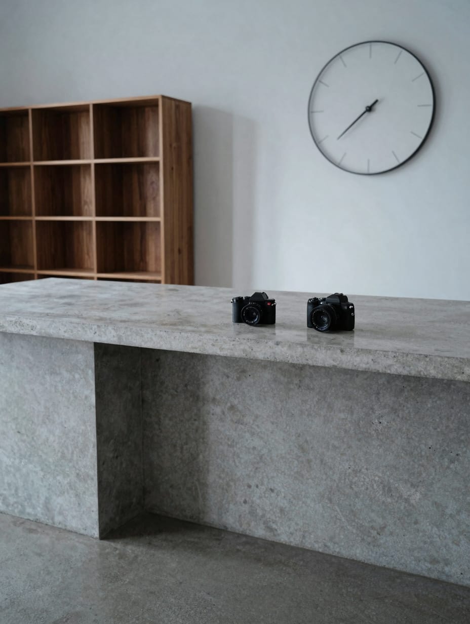 Polished grey concrete countertop in an industrial style laundry room.