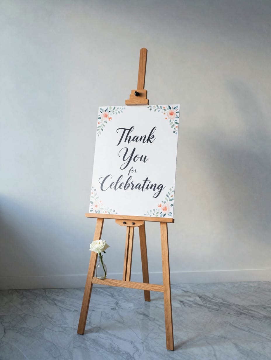 A stylish wooden welcome sign adorned with fresh flowers, placed at the entrance of a garden party.