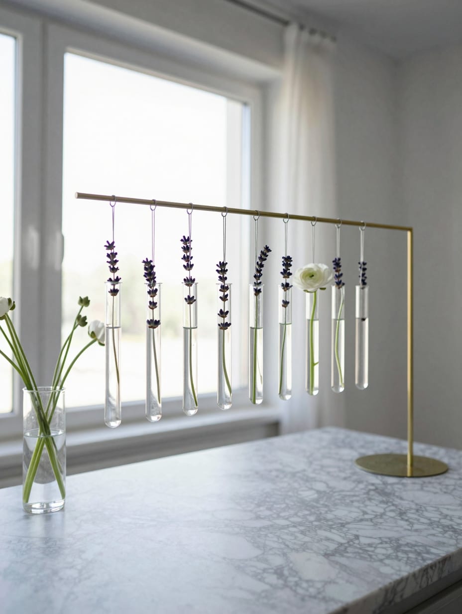 Multiple small glass tubes with single flowers hanging from a clear horizontal bar.