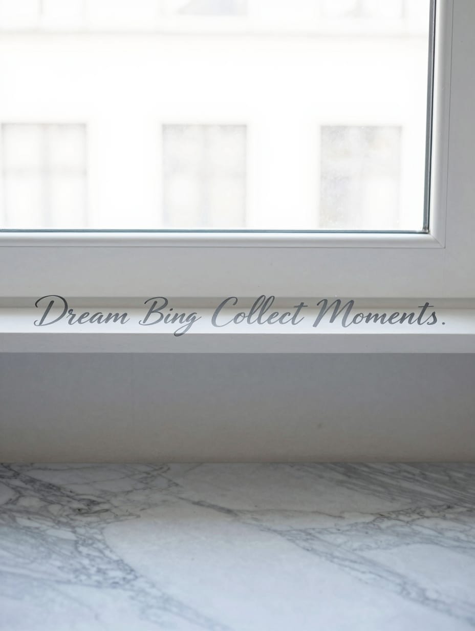 A wooden display shelf with an inspiring quote or elegant word painted in calligraphy along its front edge.