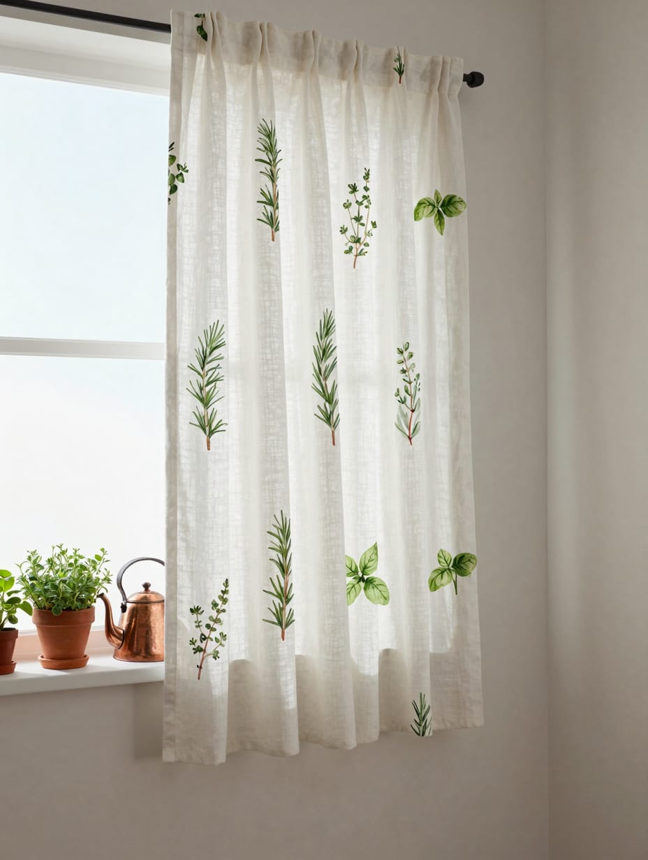 Kitchen window with delicate botanical herb garden print cafe curtains, green plants on windowsill.