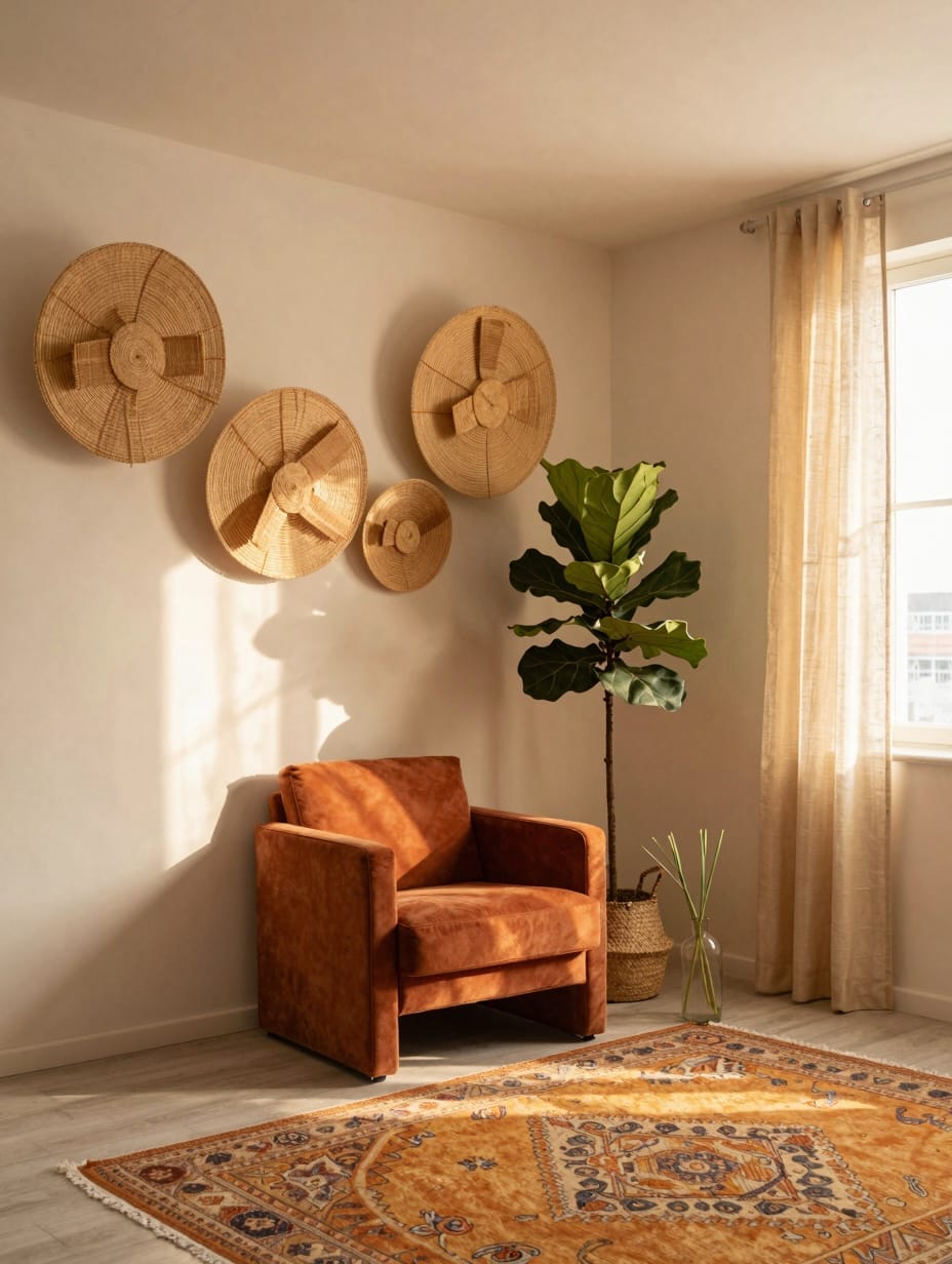 Warm terracotta living room wall decorated with large circular raffia fans and natural textures.