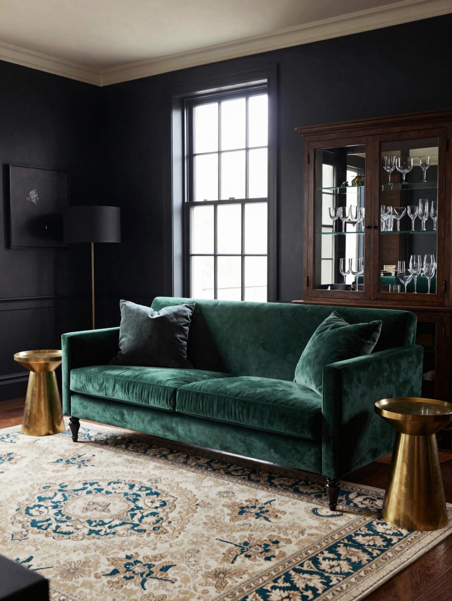 Living Room Luxe: Emerald Velvet & Gilded Accents