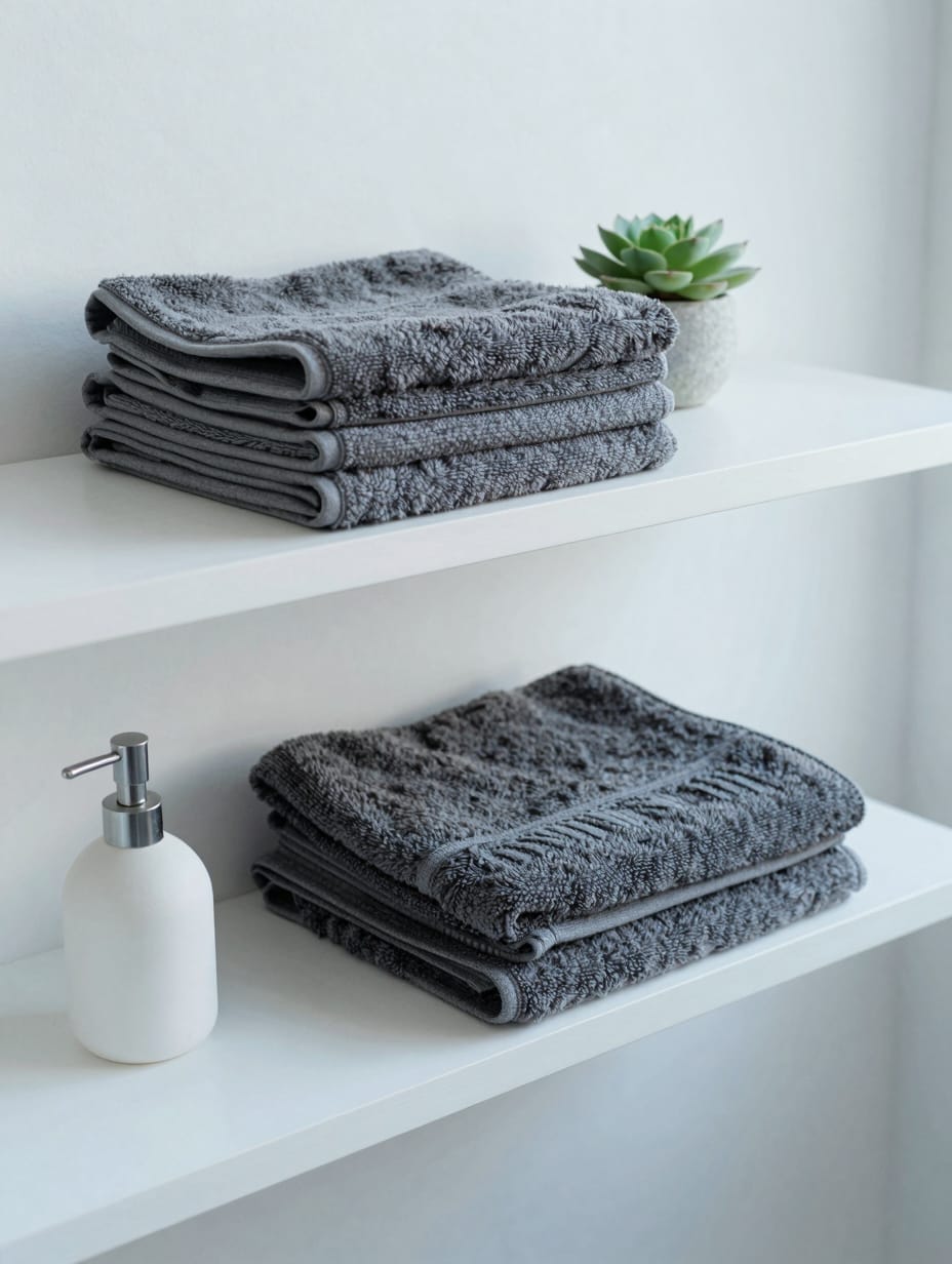 Clean, minimalist bathroom shelf with white ceramic dispensers and a small grey vase.