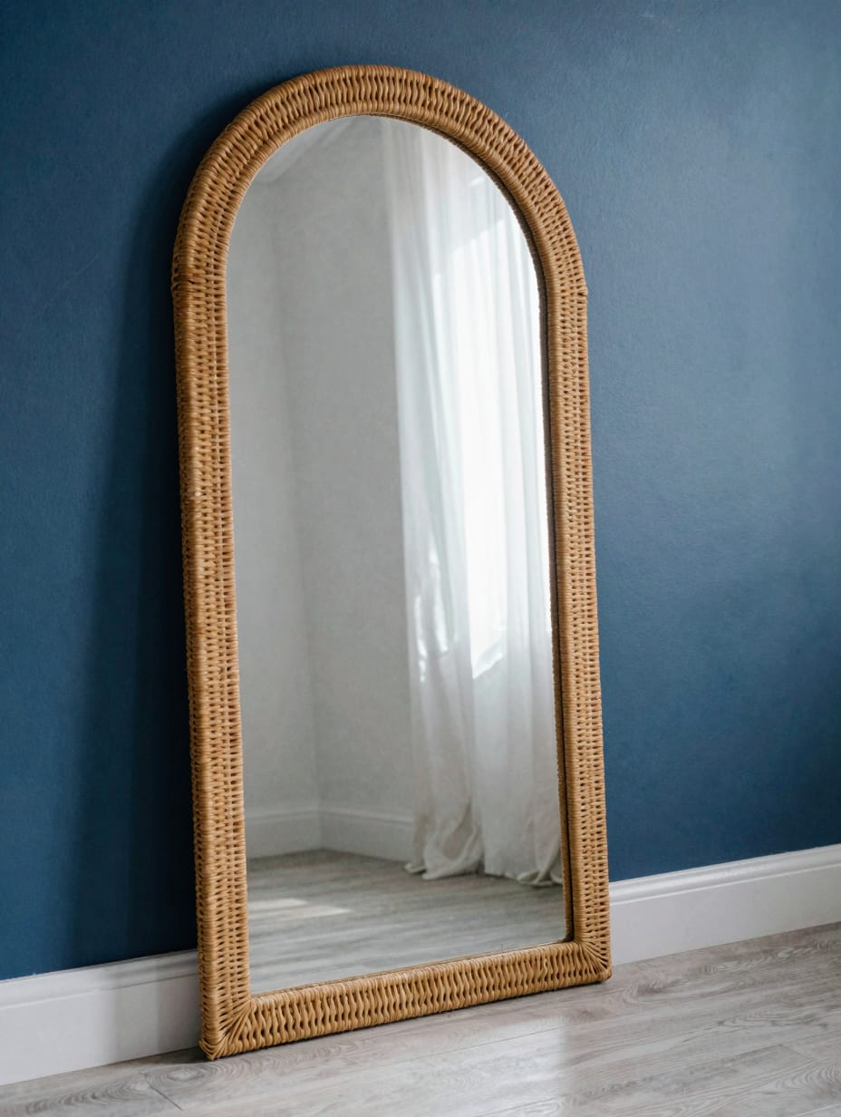 An oversized arched rattan mirror leaning against a neutral bathroom wall near a white vanity.