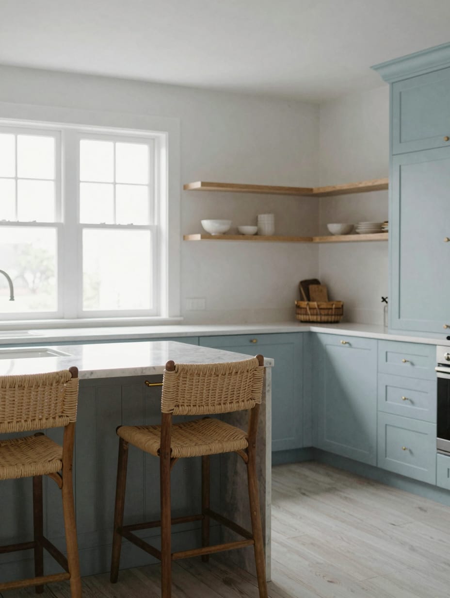 Soft pale blue kitchen cabinets with woven bar stools and natural wood accents.