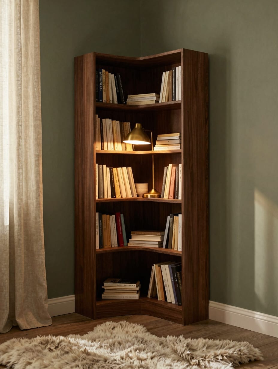 A cozy corner bookshelf unit in a reading nook, filled with books, a warm blanket, and a small lamp.