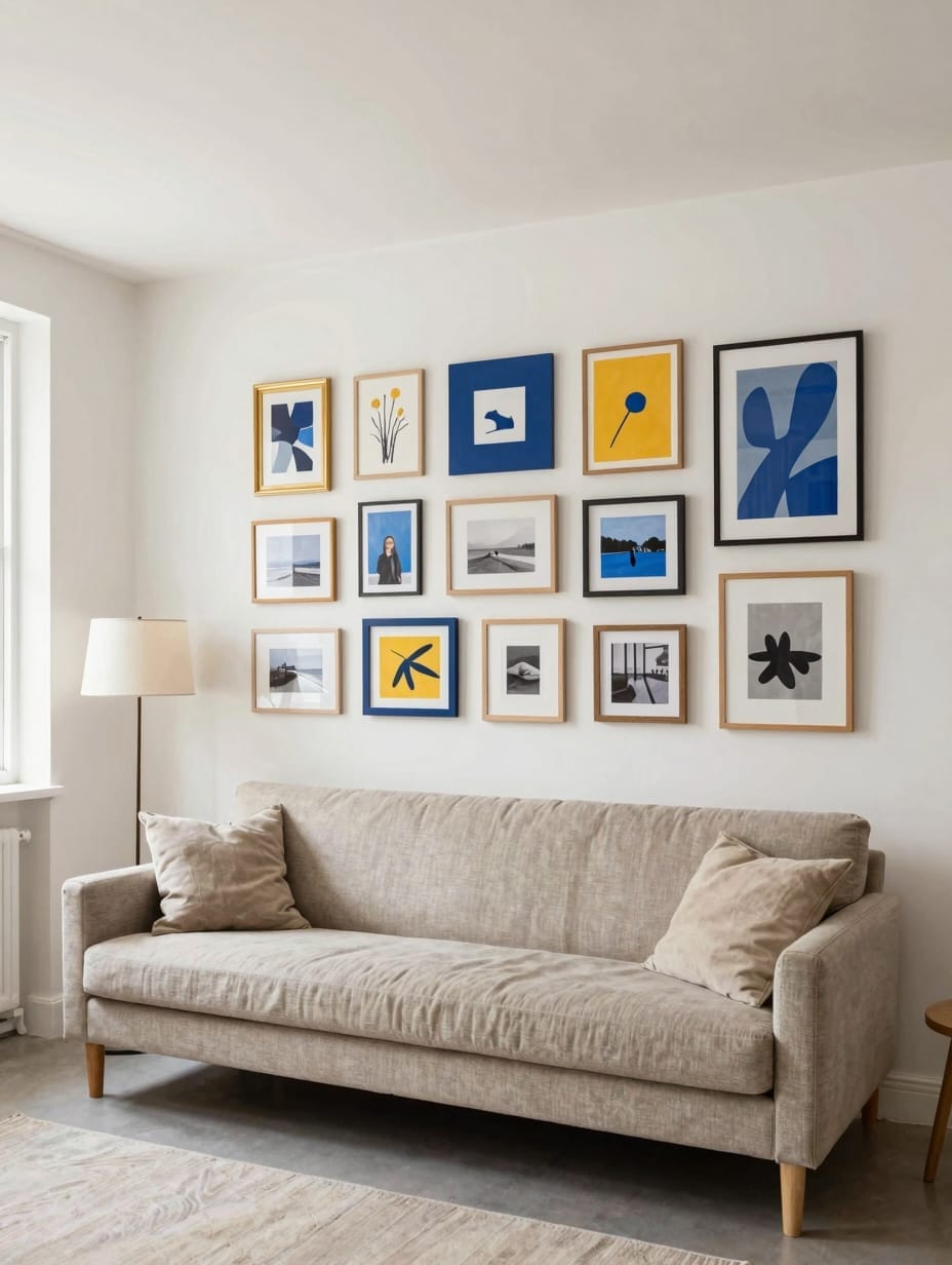A creative gallery wall with various sized black and white frames on a neutral living room wall.