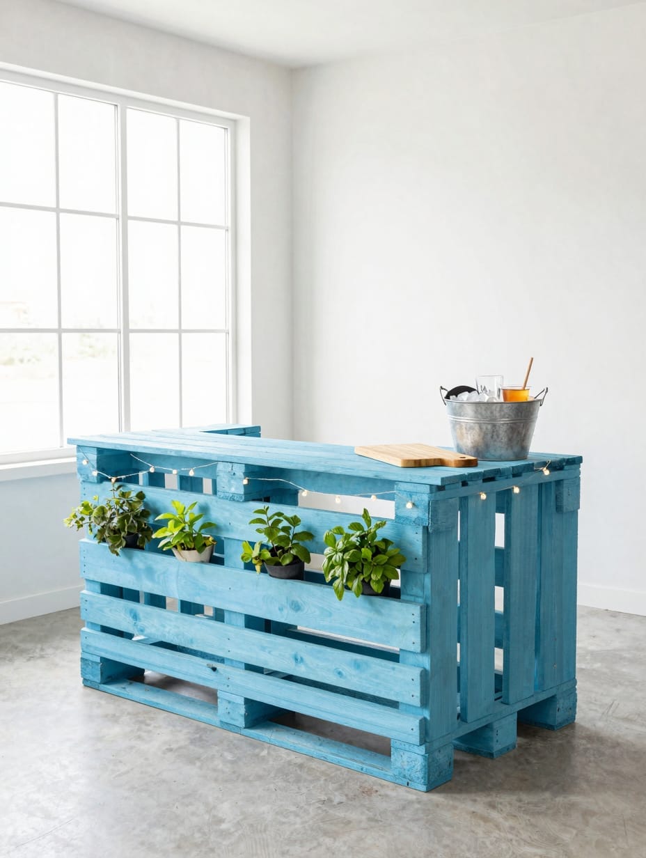 Rustic wooden pallet bar with small herb planters attached to the front side on a gravel patio.