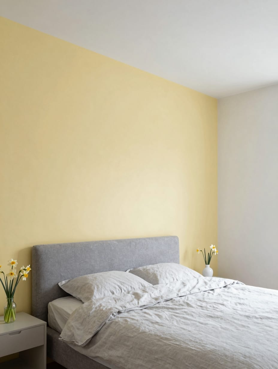 A modern bedroom with white bedding and a butter yellow throw blanket on the bed.