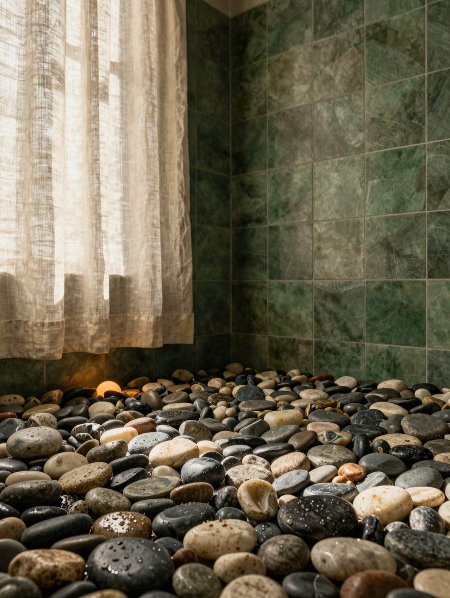 A walk-in shower floor made of smooth natural river stones in varying shades of grey and brown.