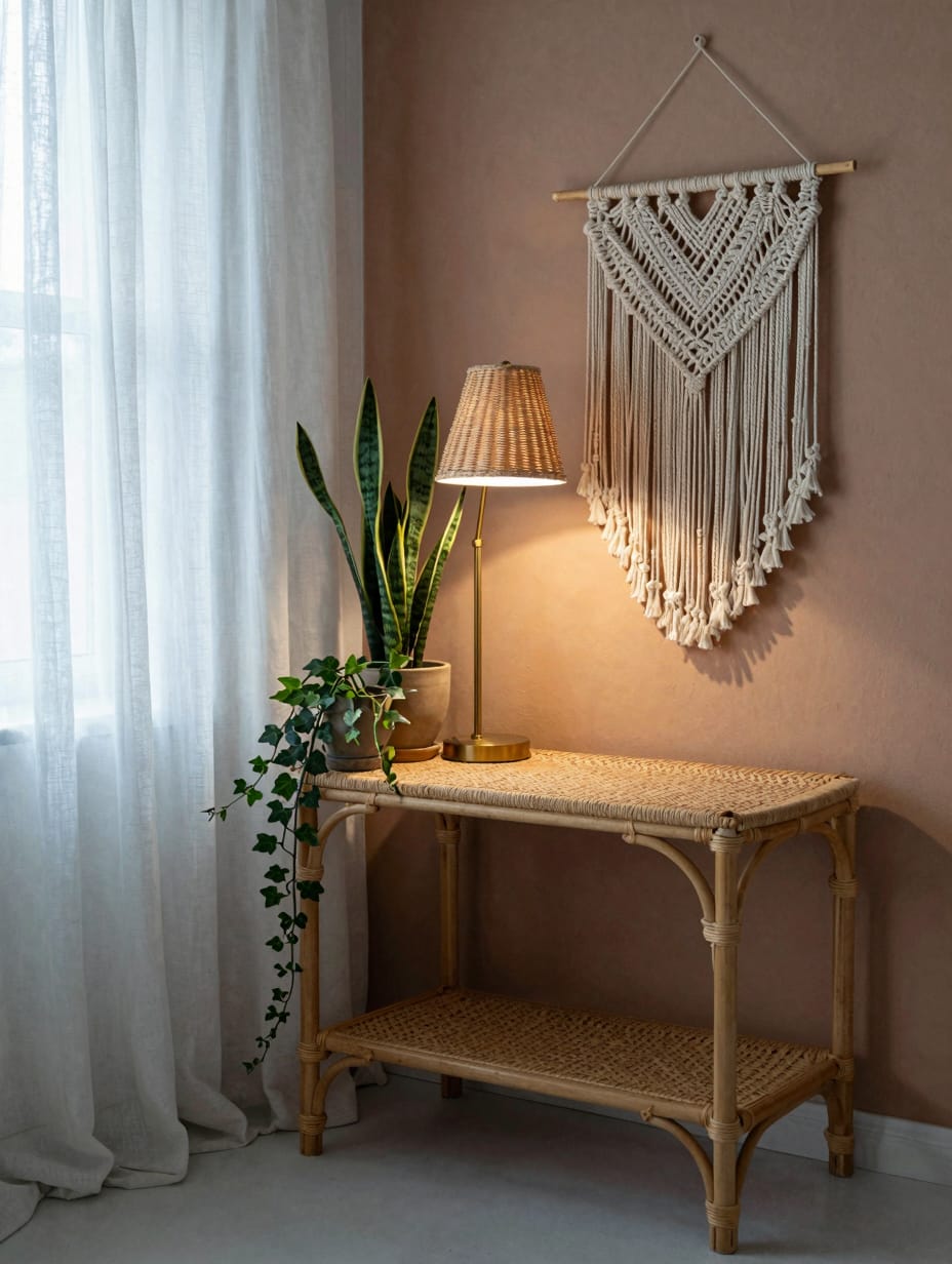 Bohemian corner desk with macrame wall hanging, plant, and wooden accents.