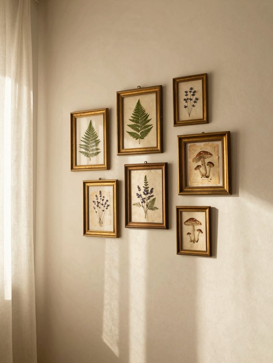 Botanical gallery wall with gilded frames displaying pressed flowers and antique prints.