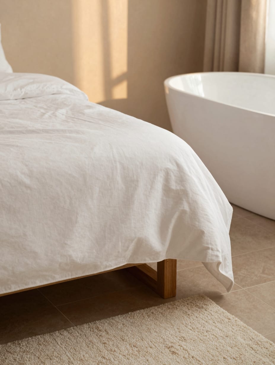 Stack of fluffy, white towels and a soft, textured bath mat on a light bathroom floor.