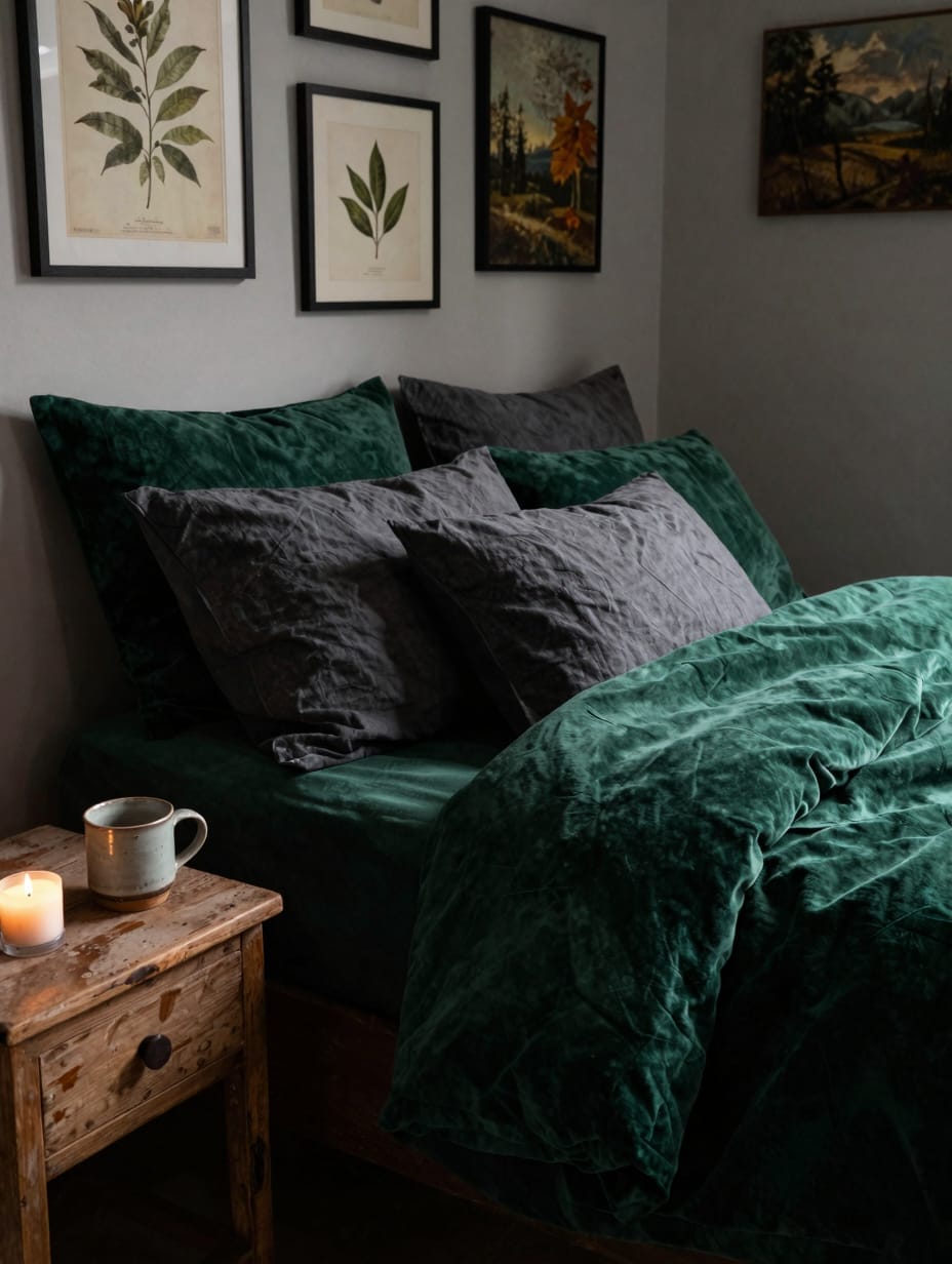 Bedroom with deep green walls, velvet throw, and a dark wooden bed.