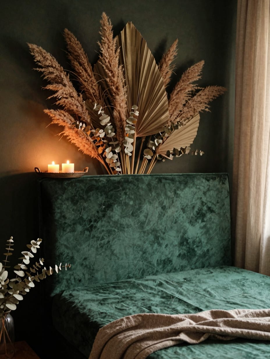 Rich emerald velvet headboard styled with tall vases of dried eucalyptus and botanical wall art.