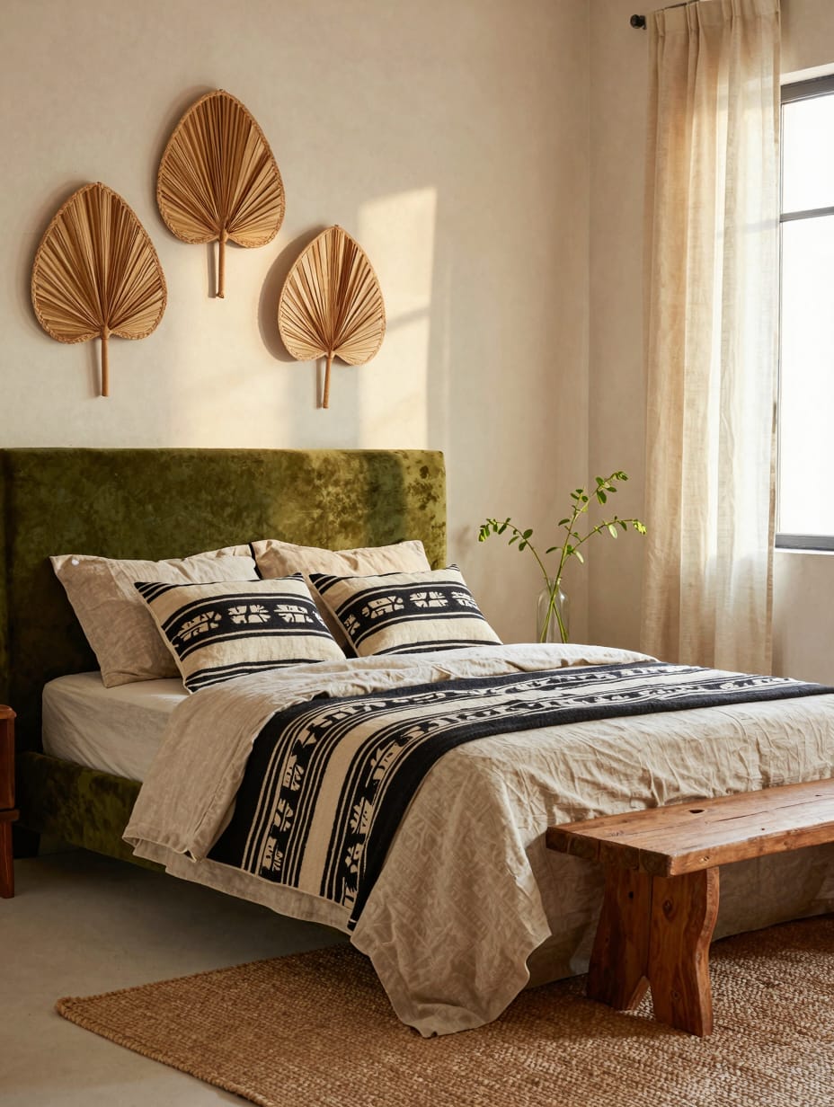 Afro boho bedroom featuring mudcloth pillows, a Juju hat wall hanging, and woven floor baskets.