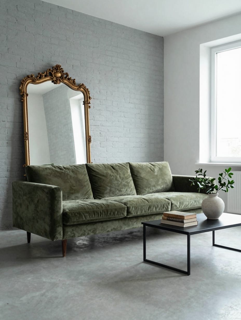 Eclectic living room with mixed-era furniture, including a modern sofa and antique wooden cabinet.