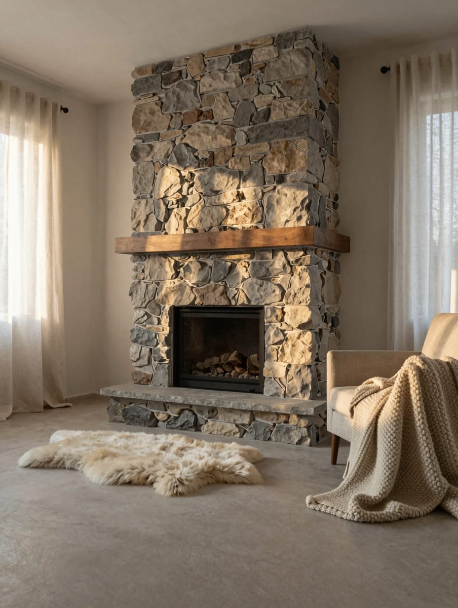 A textured stone fireplace hearth made of rough-hewn grey stones, paired with a soft throw blanket.