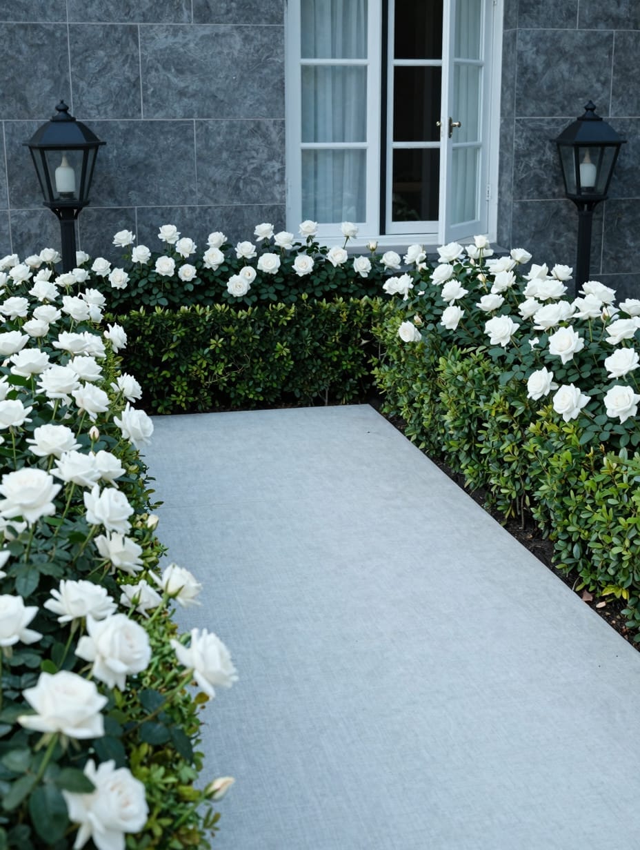Manicured round boxwood shrubs surrounding blooming white roses in a symmetrical front garden bed.