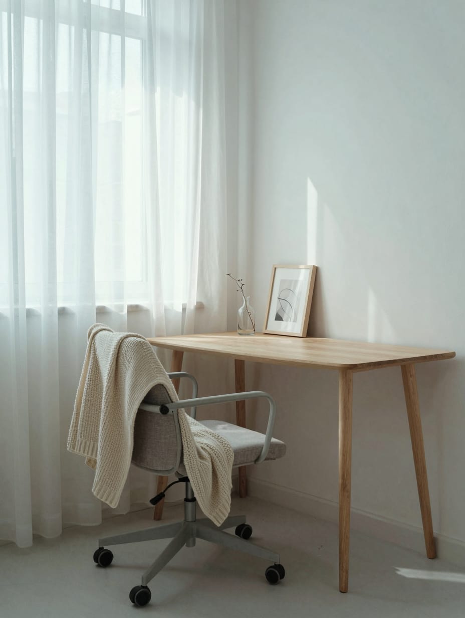 Scandinavian style corner desk in a light-filled room with a wooden chair and minimalist decor.