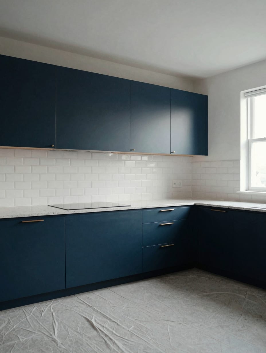 Modern kitchen with deep navy blue base cabinets and white countertops