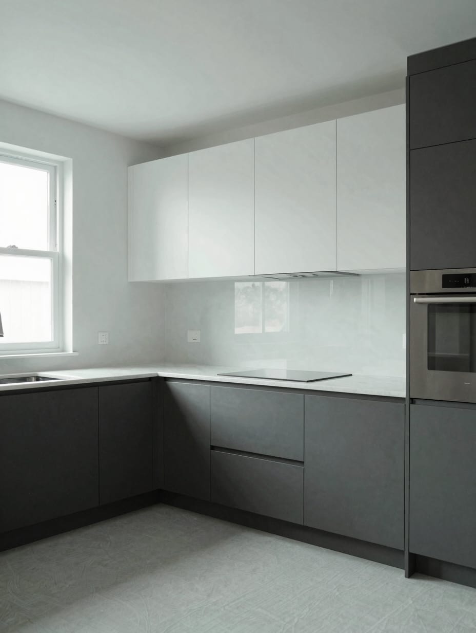 A modern kitchen with crisp white cabinets, charcoal gray lower cabinets, and a metallic pendant light.