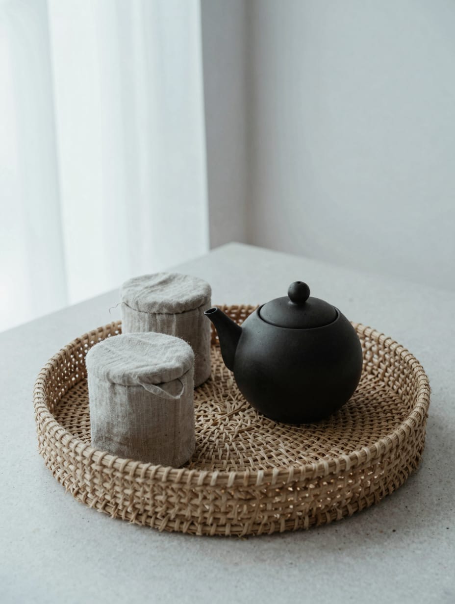 A round woven rattan tray holding a white ceramic pitcher and linen napkins on a kitchen island.