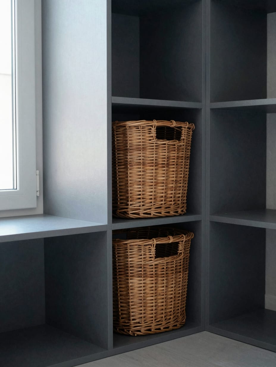 Close up of woven willow baskets on white wooden shelves in an organized laundry room.