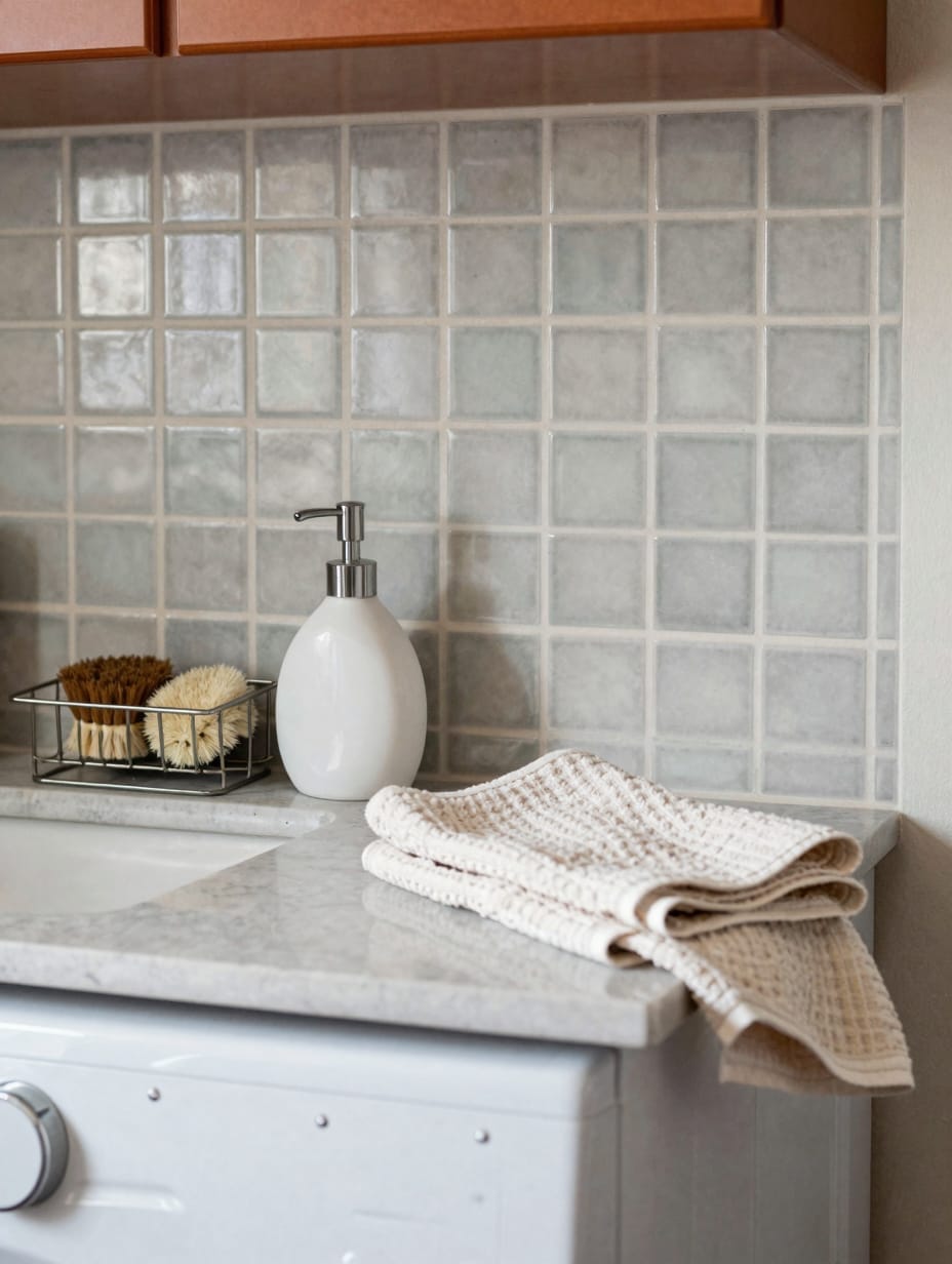 Close-up of a stylish laundry room featuring a modern geometric peel-and-stick backsplash above a white countertop with a ...