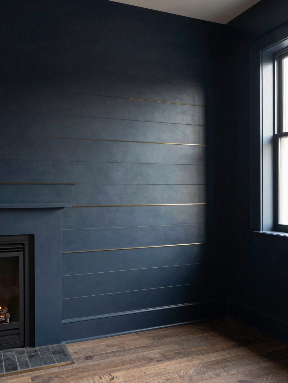 Dark navy blue horizontal shiplap wall with thin gold brass metal inlays in a modern living room.