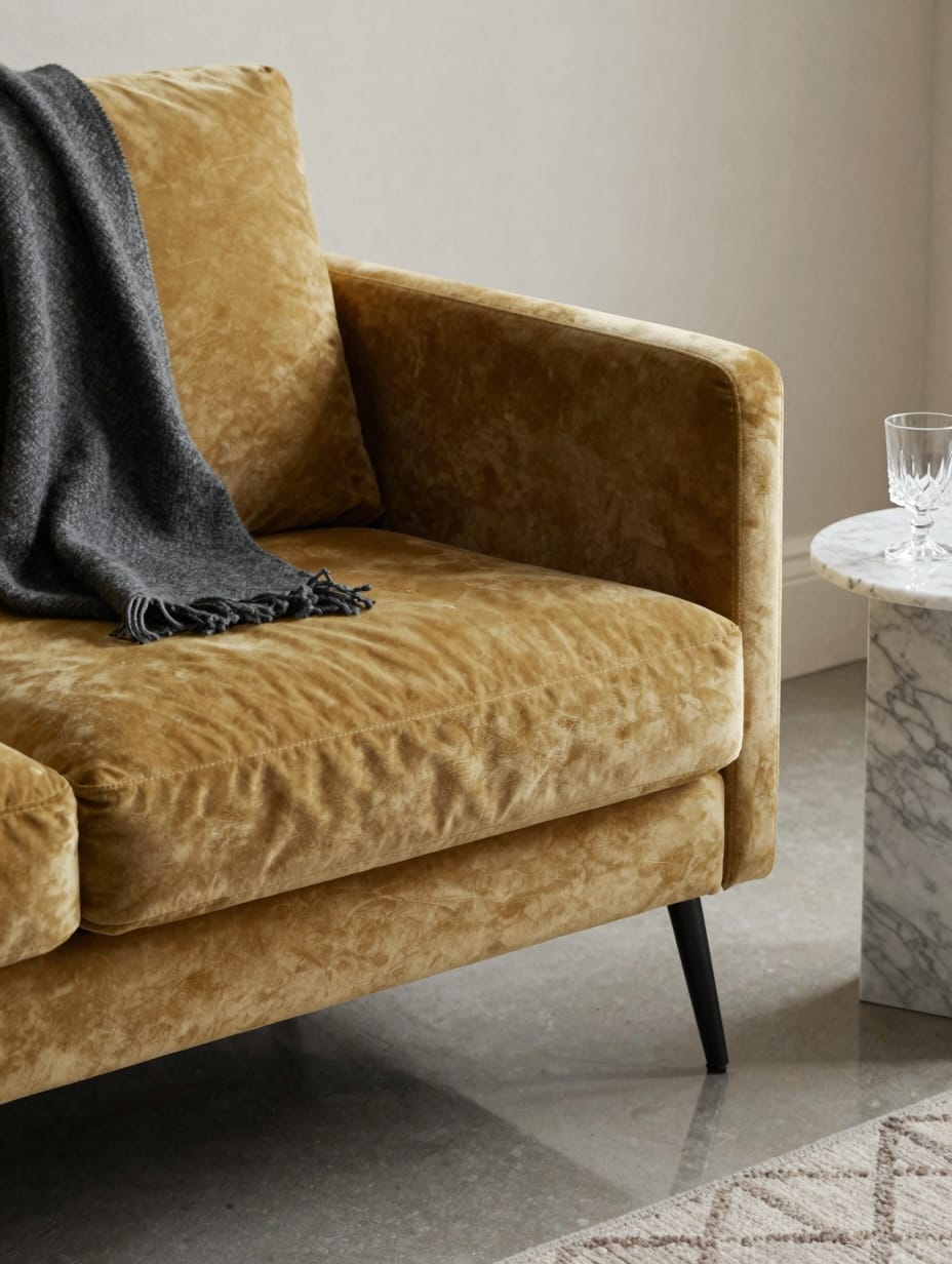 An elegant ochre velvet sofa with slim metal legs against a white wall.