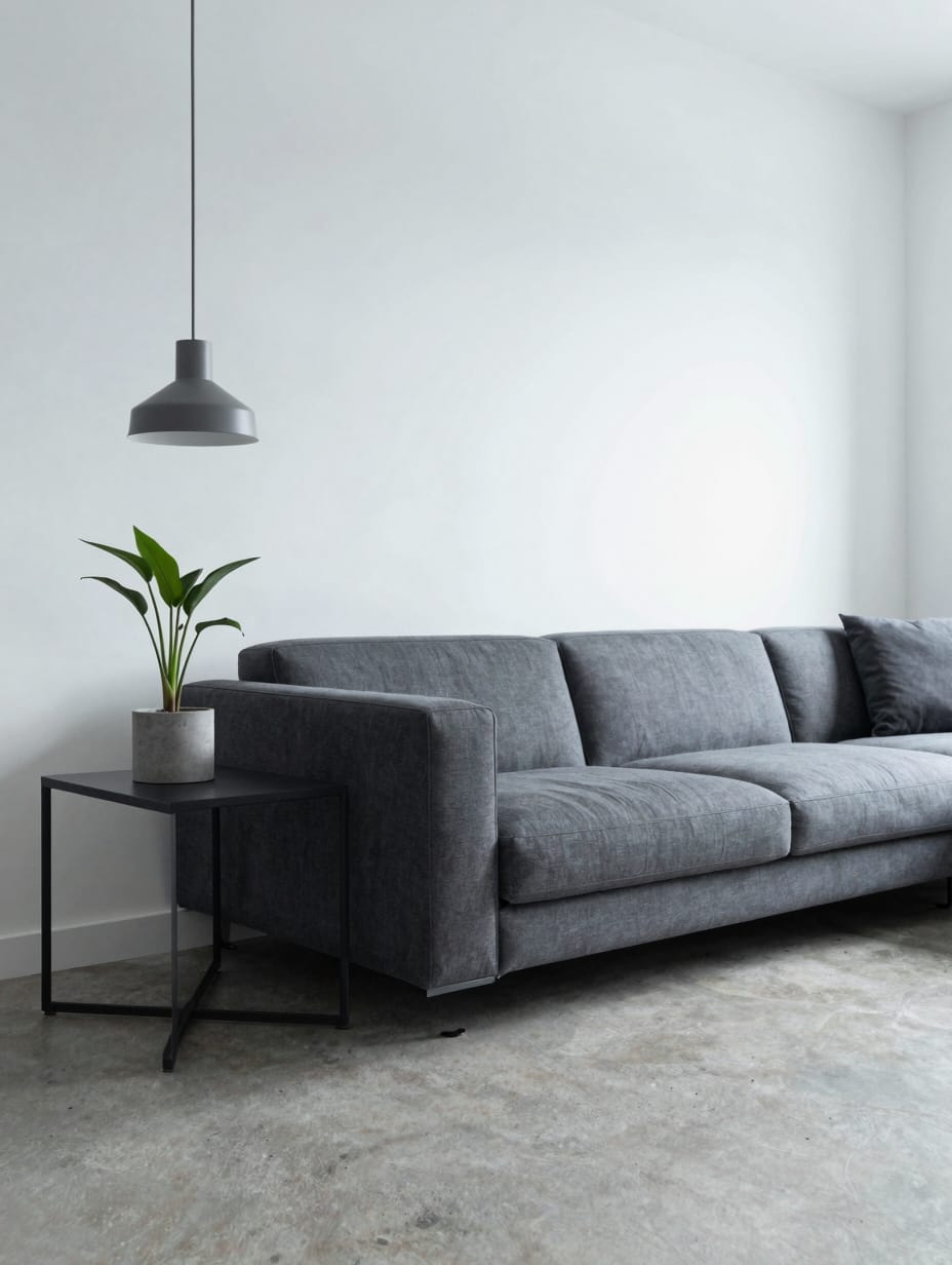 A minimalist living room showcasing furniture with bold, clean lines against a neutral backdrop, promoting quiet comfort.