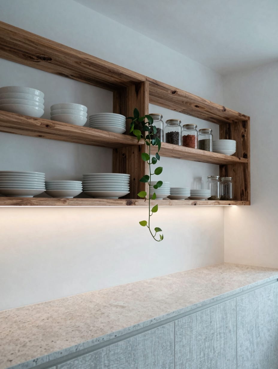 Kitchen with open rustic wooden shelves displaying pottery and woven baskets.